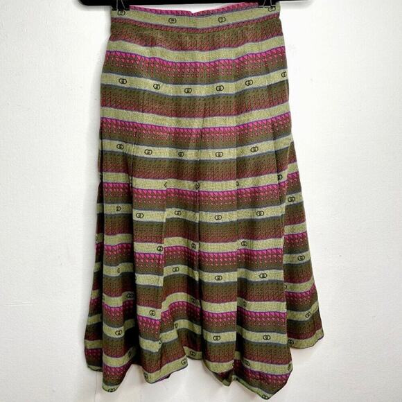GUCCI Vintage 70's Silk Green Pink Pleated Stripe Midi Zip Side Pocket 40 / M /8 - Picture 1 of 16